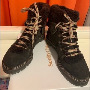 See By Chloe Eileen Lace-Up Shearling-Lined Boots.